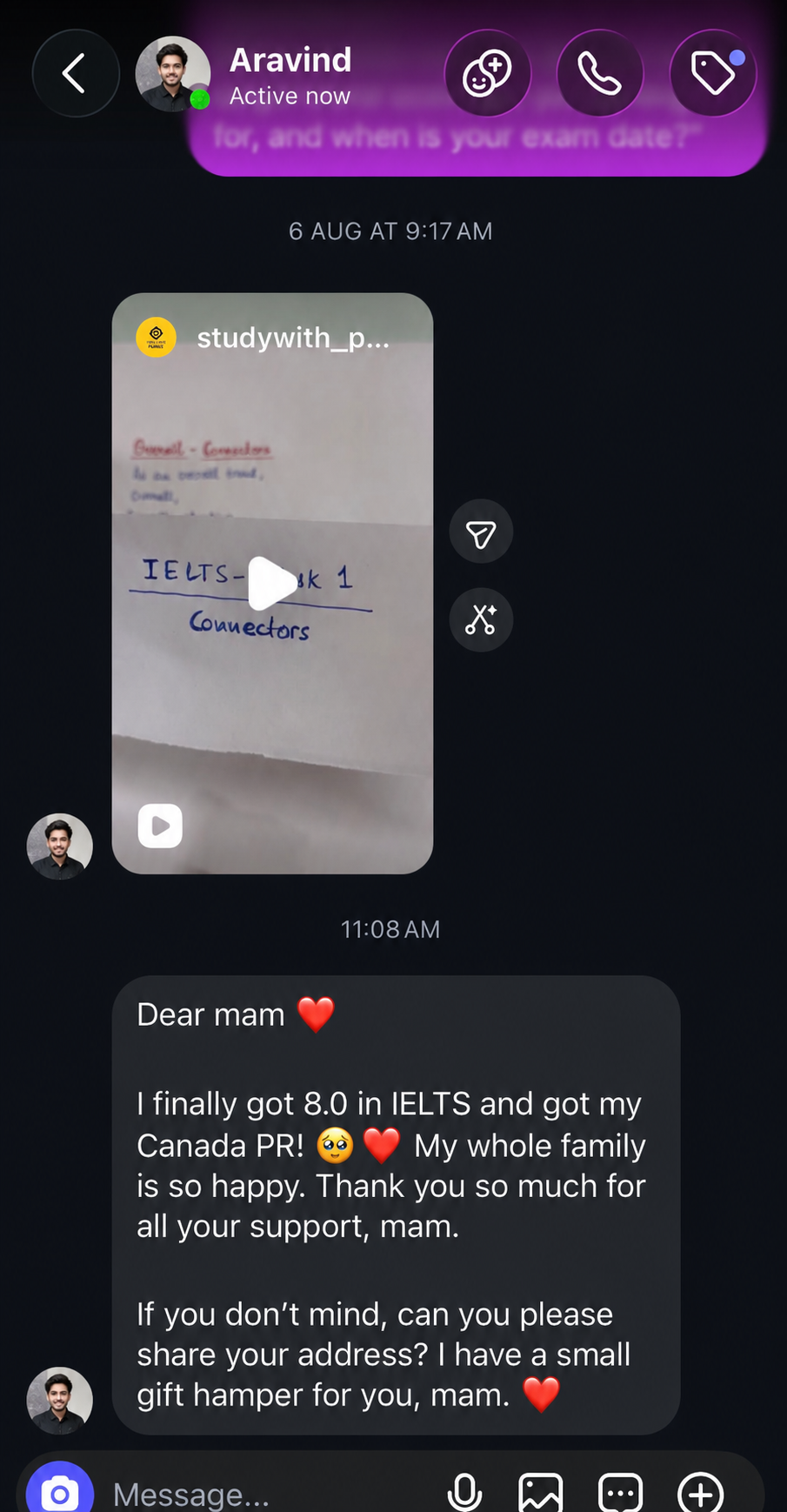 Instagram message from student Aravind sharing that he scored Band 8.0 in IELTS and received his Canada PR